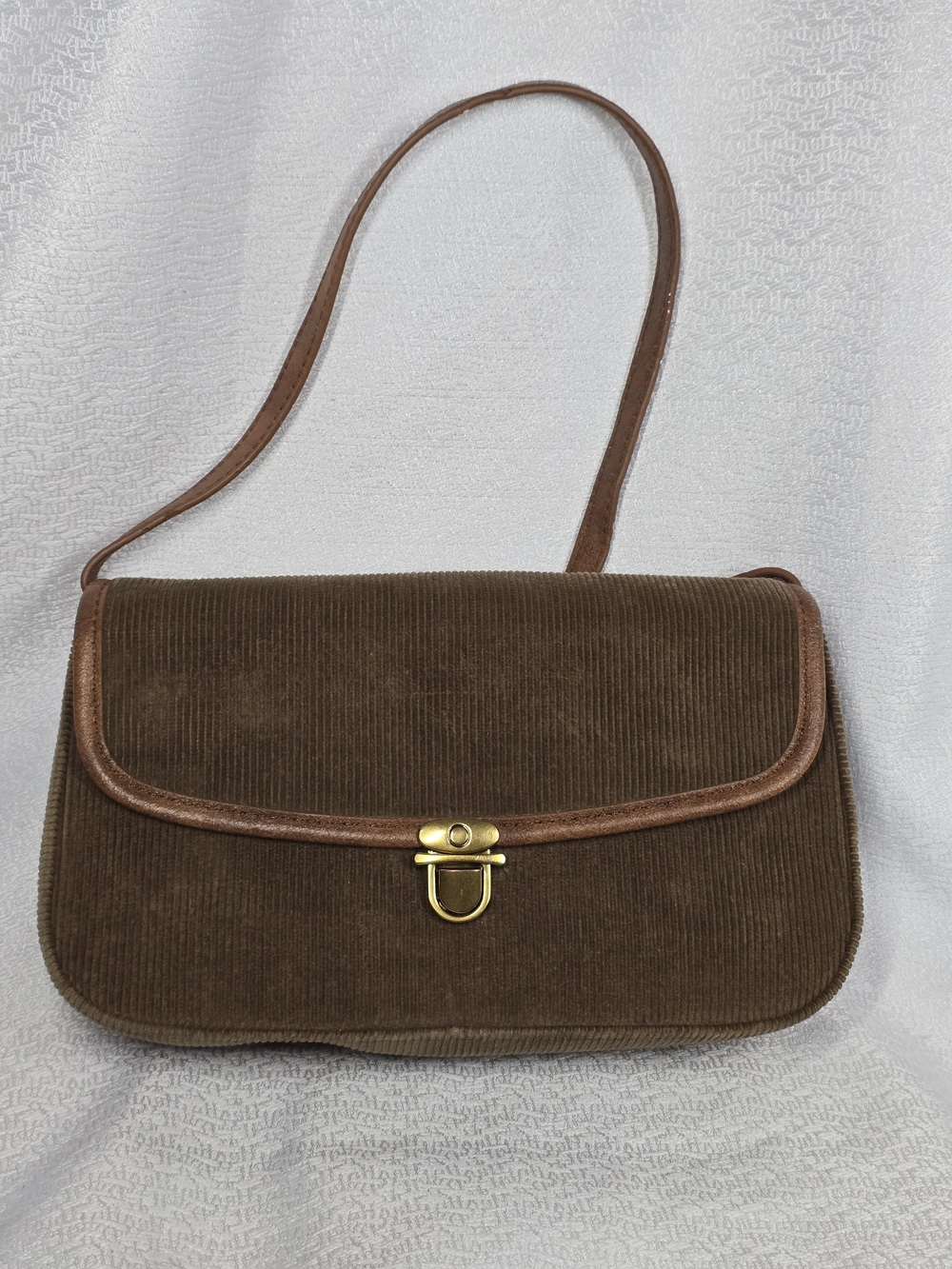 Brandy Melville Brown Corduroy Shoulder Bag with Gold-Tone Hardware